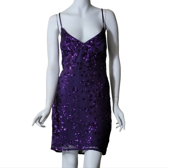 Holiday Party Dress Keep Glowing Purple Sequin Lace Up Bodycon Mini XL - Picture 6 of 13